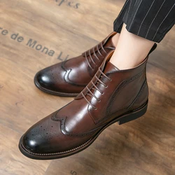 Men High Top Lace-up Brogue Style Business Fashion Handmade Ankle Boots