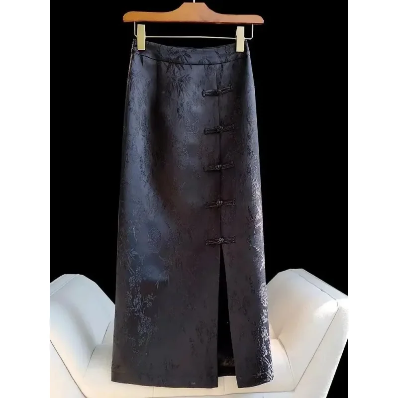 2025 ใหม่VINTAGE Jacquardกระโปรงผู้หญิงฤดูใบไม้ผลิBodyconด้านข้างSlit Disc Buttoned Casual Chicหญิงแฟชั่นกระโปรงผู้หญิง