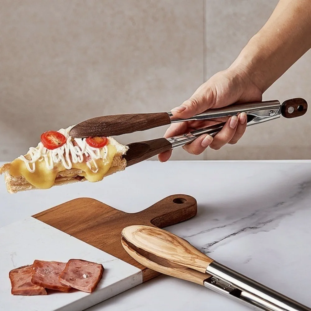 Walnut Handle Stainless Steel Grill Tongs, 9/12 Inch Plum Tip Food Clips for BBQ