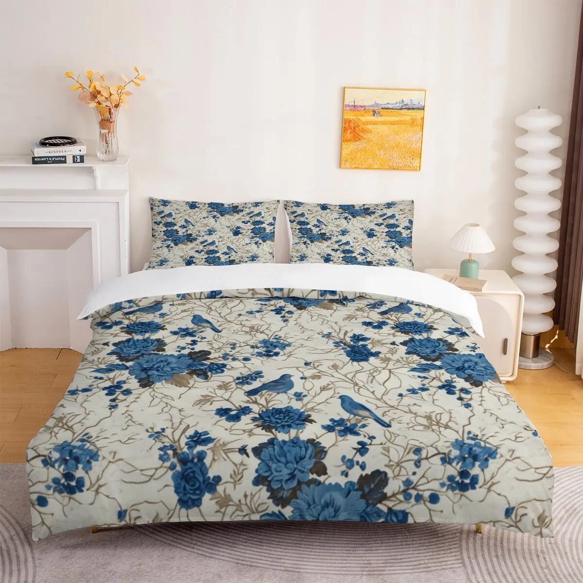 Juego de edredón de flores azules, tamaño extra grande Flores plateadas Tendencia moderna de ropa de cama estampada