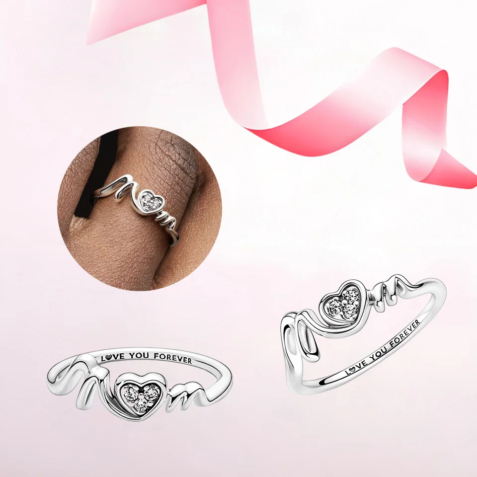 

CHARMING Jewelry Relationship Mother's Day Women's Ring Gift S925 Pure Silver Mom Pavé Heart Ring Free Jewelry Gift Shipping
