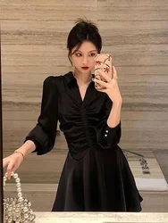 Short Folds Woman Long Sleeve Dress Holiday Mini Soft Black Dresses for Women Y2k Trendy New Features of Elegant Luxury Hot in X