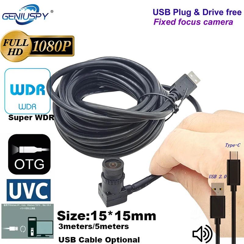 

15*15mm 2MP Panoramic Fisheye 210degree Super WDR Mini UVC USB Security Camera Webcam Mic With 5meters USB Cable &2meters TYPE-C