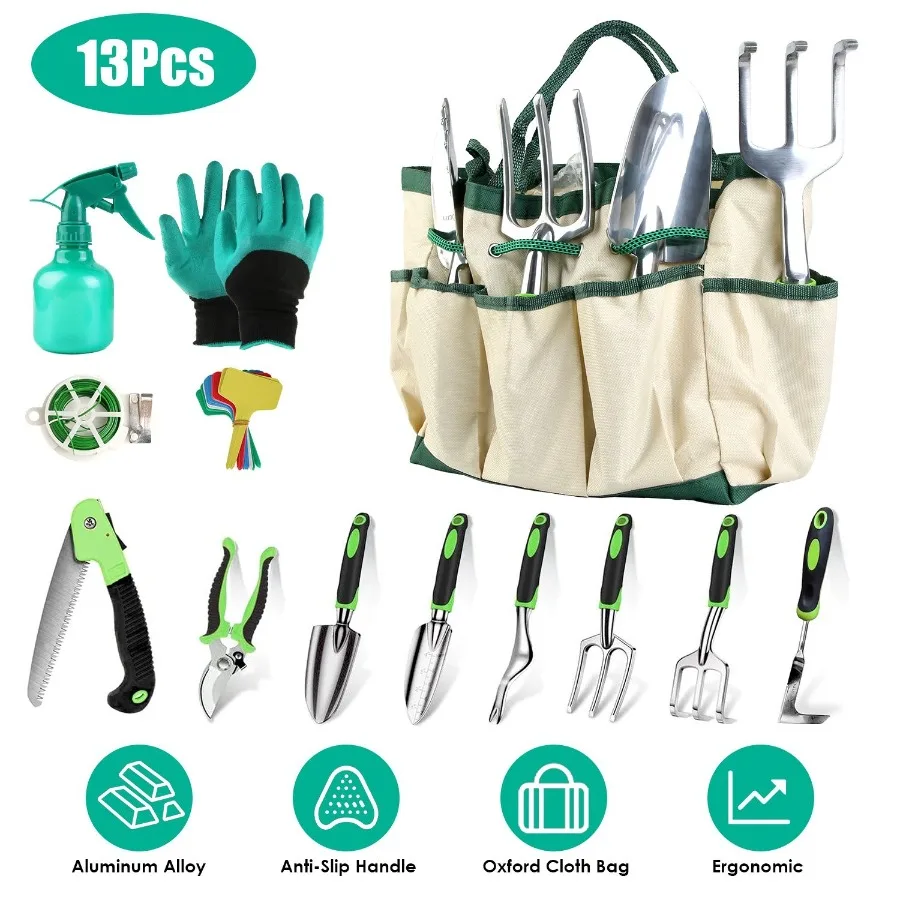 

13Pcs Garden Tool Set Aluminum Alloy Gardening Hand Tools Starter Kit with Garden Bag Outdoor Hand Tools