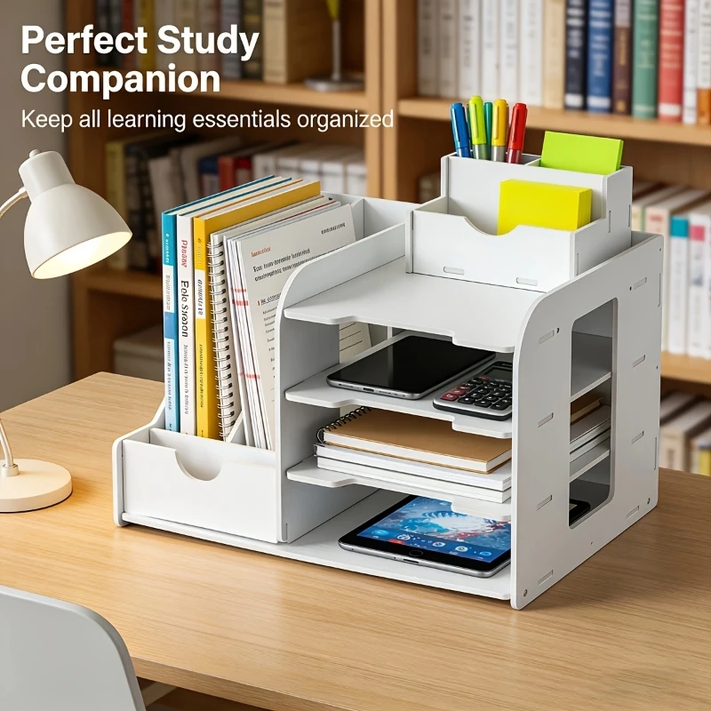 

4+2 Compartments Desk File Organizer, White Multi-Tier File Holder with Pen Holder for Office