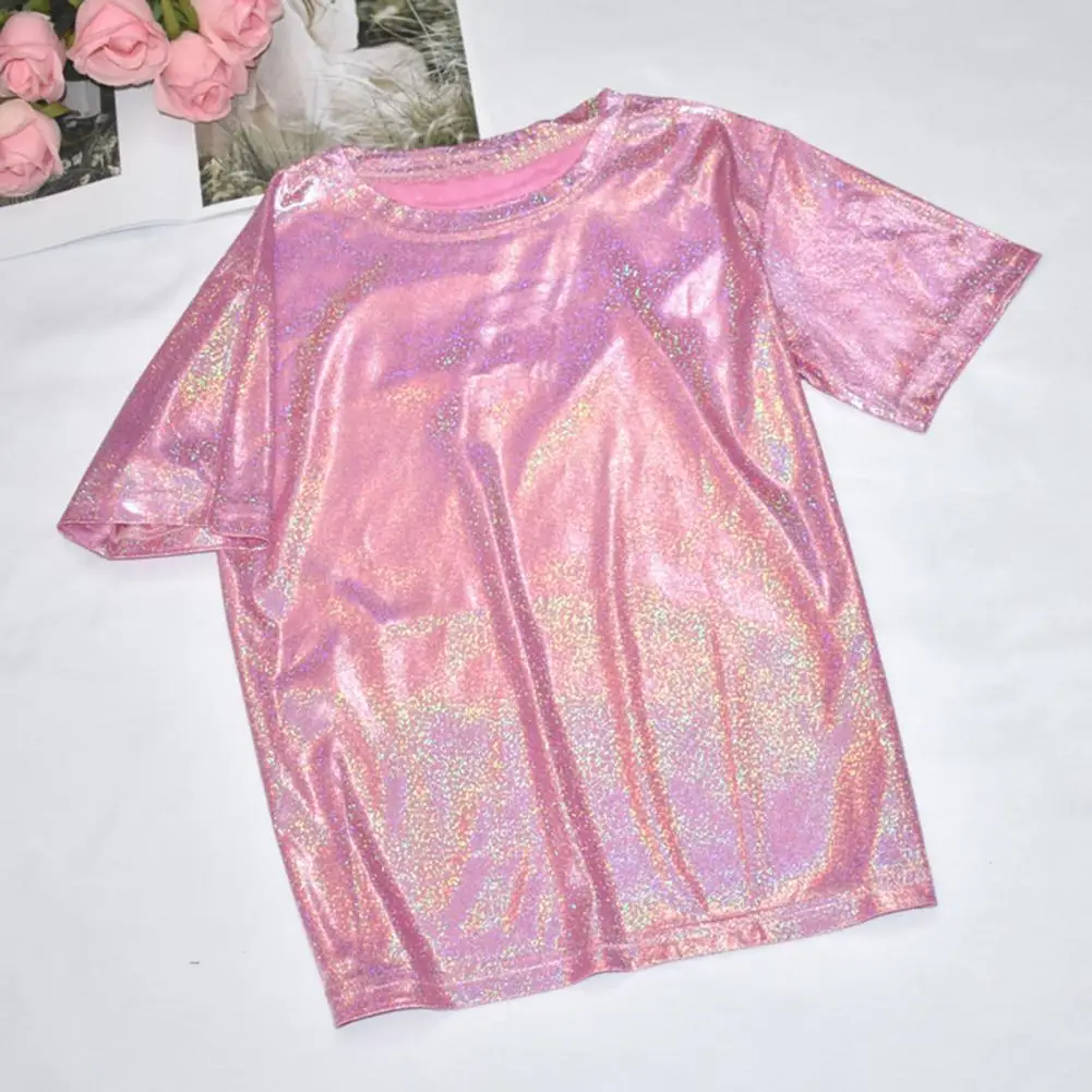 

Glossy Finish Tops Glossy Finish Glitter Women's Loose Fit Tee Stylish Round Neck Short Sleeve Pullover for Nightwear Crew Neck