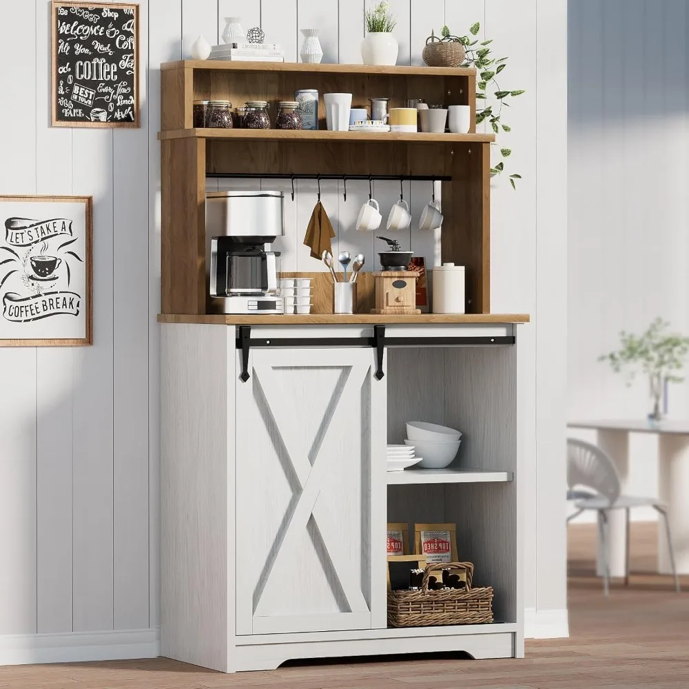 

Farmhouse Coffee Station with 3 Tier Storage Hutch & 6 Hooks - 56 Inch Small Coffee Bar Table with Adjustable Shelves for Living