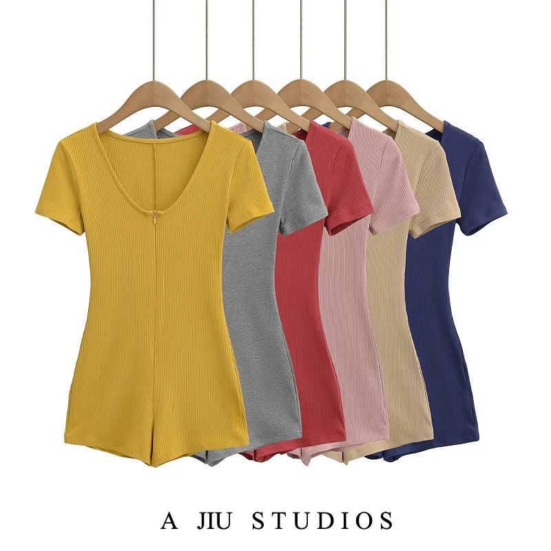 

Sexy Spicy ort Sve T-irt High Waist Zipper Street Sle Yoga Suit Tight Bodycon Onesie ort Pants V Ne Elastic Slim...