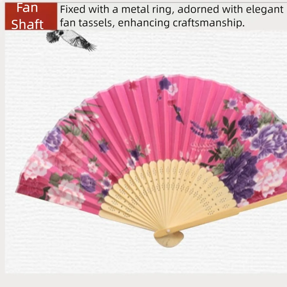 Silk Material Chinese Folding Fan Flower Pattern Bamboo Wood Silk Fan Pink Color Artificial Silk Vintage Fan Wedding Ceremony