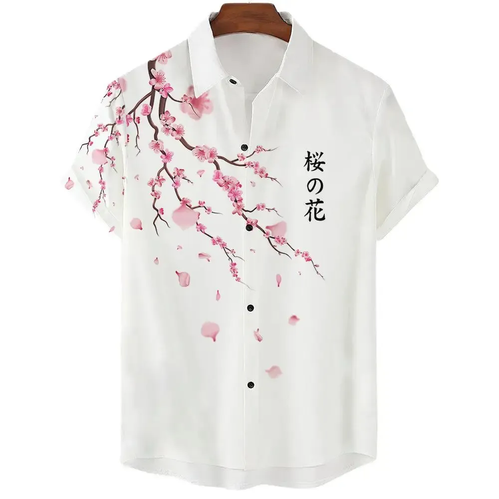 Summer Men\'s Shirt Floral Cherry Blossom Print Beach Vacation Daily Wear Men\'s Short-sleeved Shirt Oversized Tops Size S-5XL