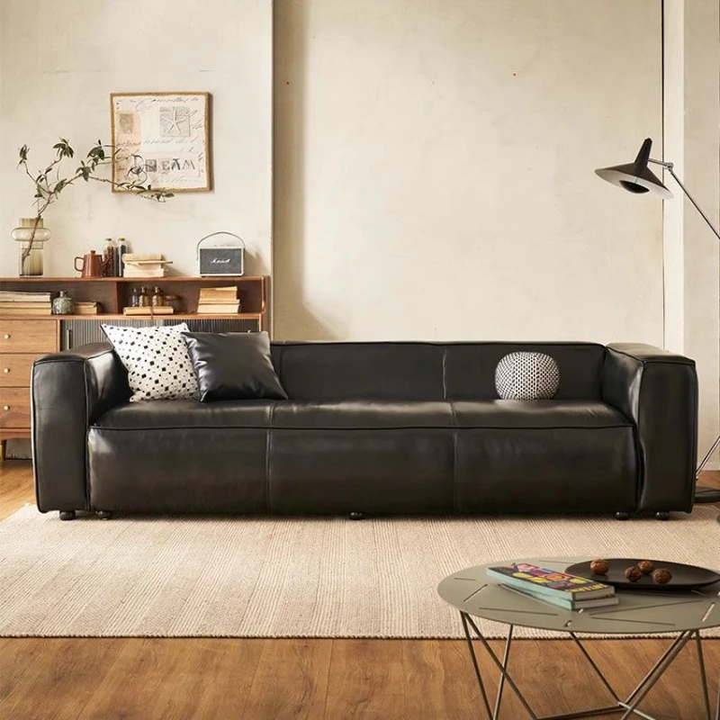 

Nordic retro oil wax cowhide straight row living room small apartment designer medieval tofu block black leather sofa
