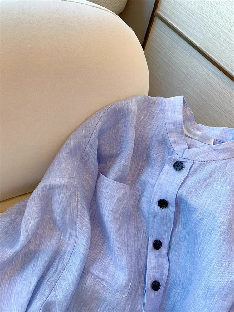 Blusa de Lino Entallada Azul con Cuello Csero, Estilo Premium para Mujer, Otoño, Primavera, Cálida, Manga Larga, Moda Coreana