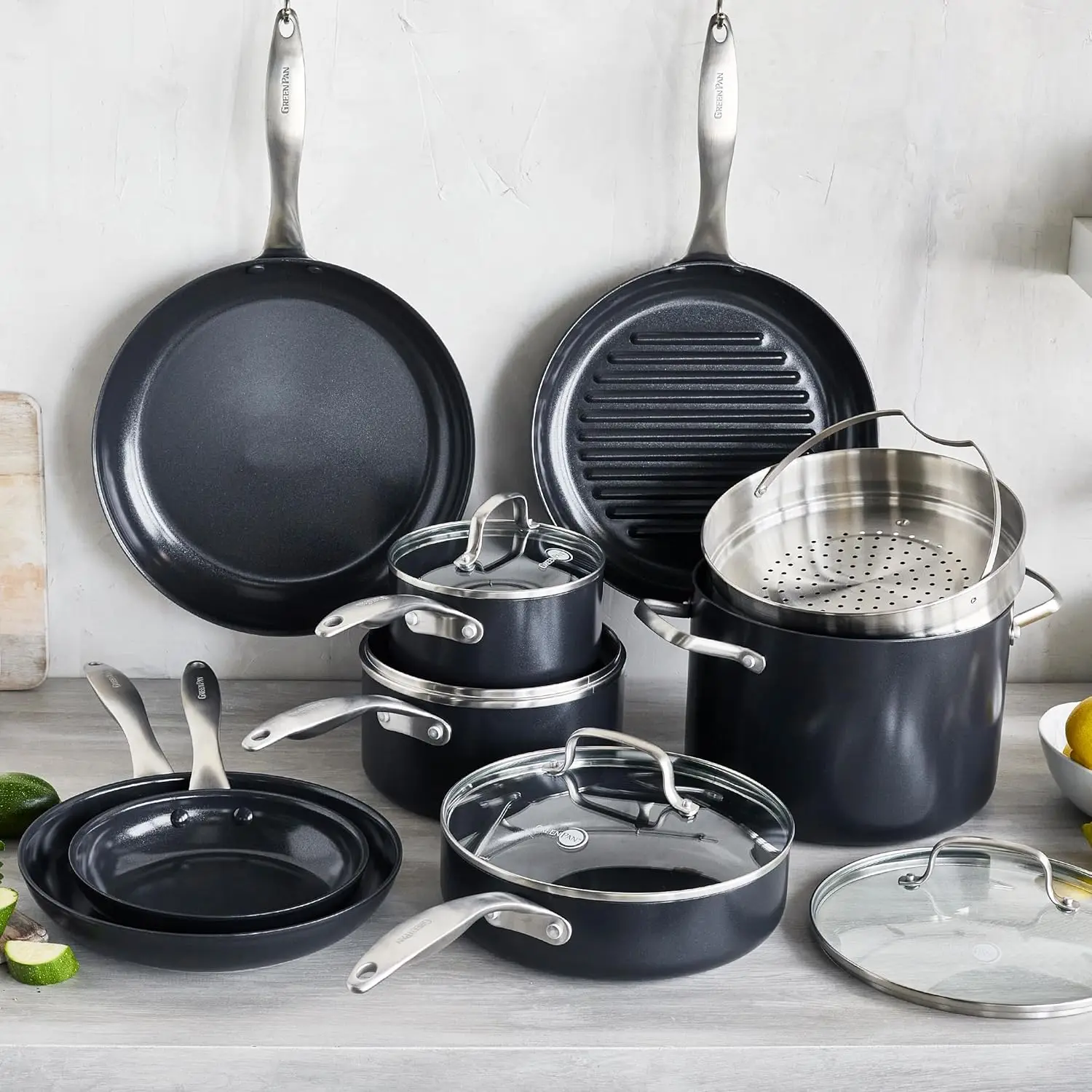 طقم سيراميك غير لاصق مكون من 13 قطعة، مؤكسد صلب، مقبض من الفولاذ المقاوم للصدأ، مقلاة وصوص، خالٍ من مادة PFAS