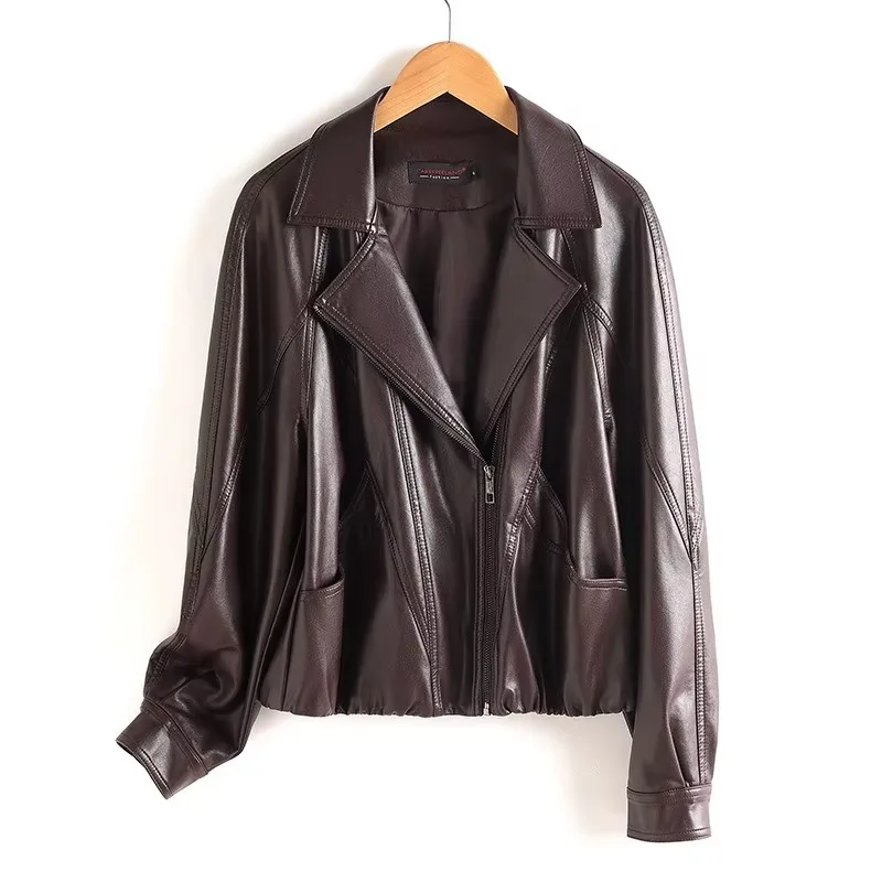Form-fitting Motorcycle Leather Jacket Is A New Autumn Fashion Versatile Leather Coat for Women Exuding. This Retro Lapel Short.