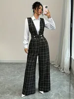 Women High Waist Wide Leg Plaid Tweed Jumpsuit Vest Style Double Breasted Pearl Buttons Pockets Elegant Office Formal Wear - Image 6