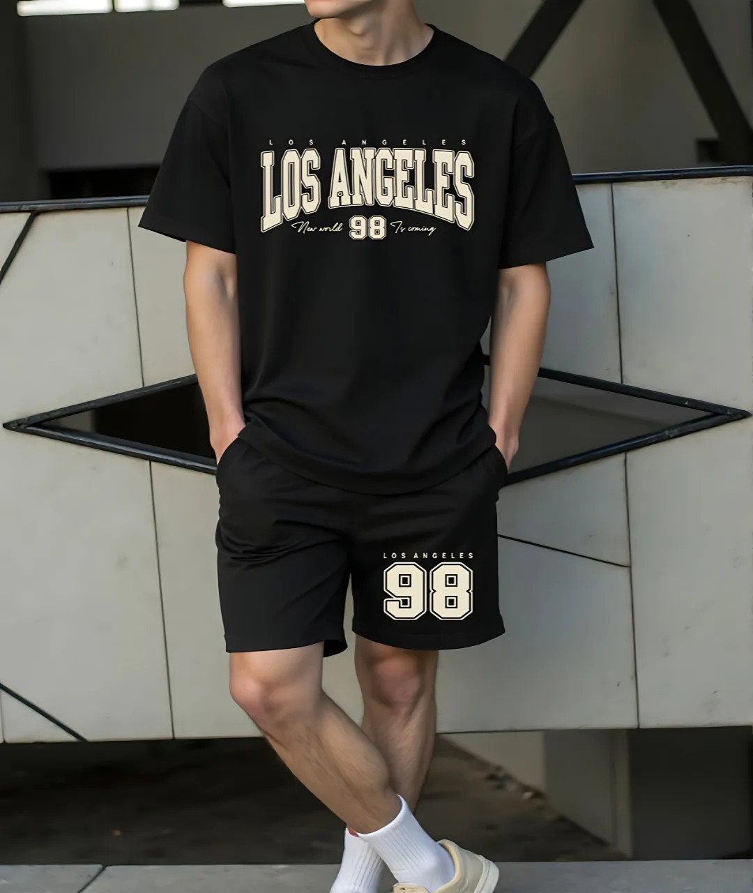 

Fashionable men's summer Los Angeles letter print comfortable breathable round neck T-shirt shorts set outdoor casual wear