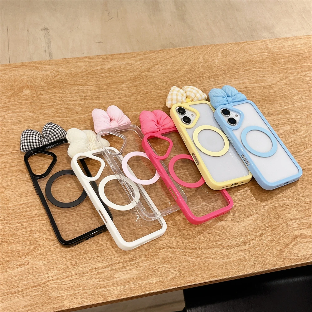 Magnetic Luxury Transparent Acrylic Phone Case For iPhone 16 14 11 13 12 15 Pro Max For Magsafe Wireless Charge Bowknot Cover