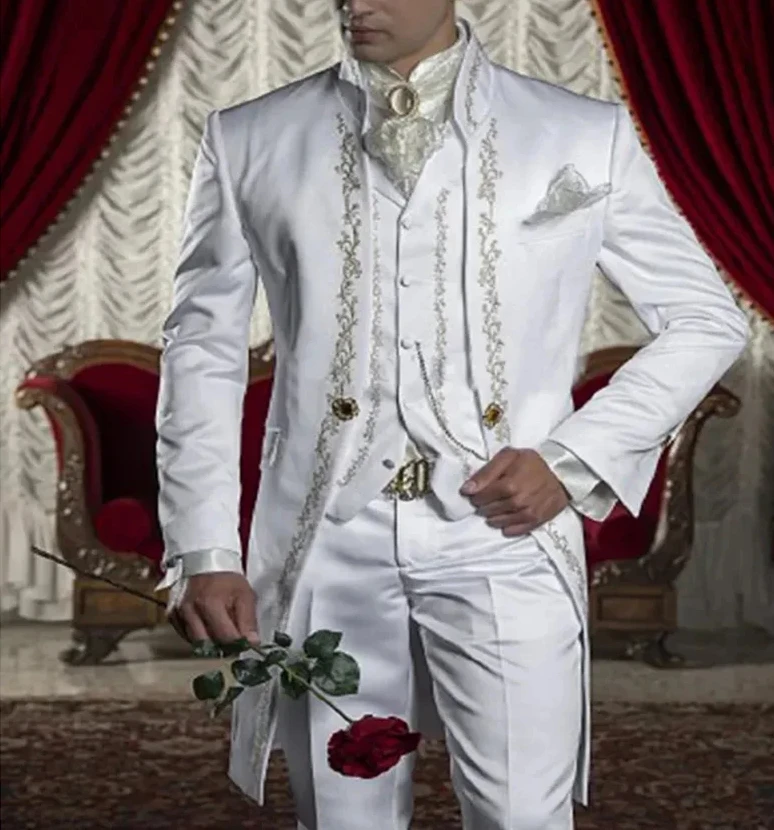 Men Suits White Red Tuxedo Wedding Jacket Pants Vest Three Piece Elegant Formal Party Blazer Hombre Trajes De Costume