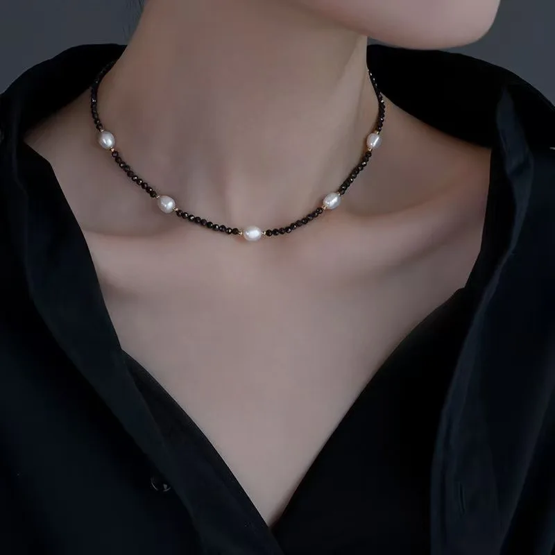 100% Natural Freshwater Pearl & Black Spinel 14K Gold Filled Lady Short Beads Chain Necklace Jewelry Women Birthday Gifts Cheap