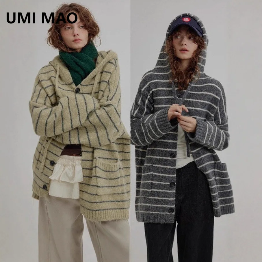 

UMI MAO New Versatile Striped Hooded Knitted Cardigan Autumn Jacket Women Winter Artistic Long Plus Size Sweater Coat Femme