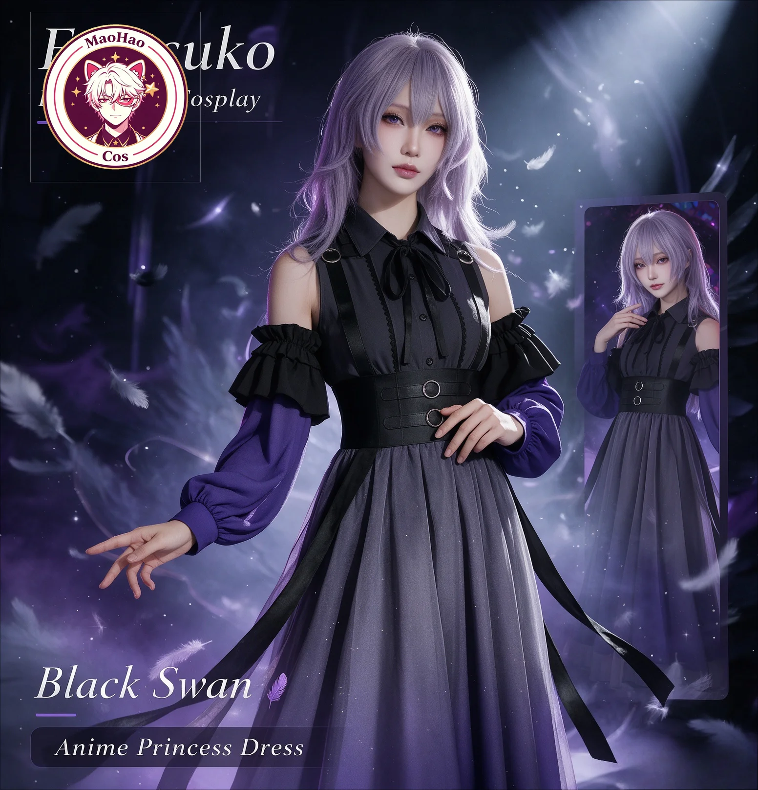 BanG Dream! It's MyGO! Fujitsuko Cosplay Costume, Black Swan Style Lantern Sleeve Waist-Cinching Long Dress, Wome Anime Princess