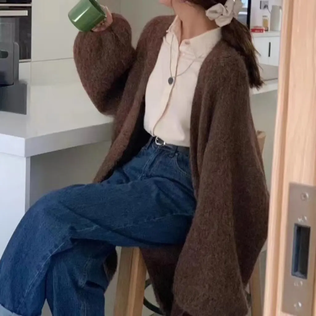 

Korean Style Women's Knitted Sweater V-neck Lantern Sleeve Warm Jacket Thick Loose Lazy Style Autumn Winter New Elegant