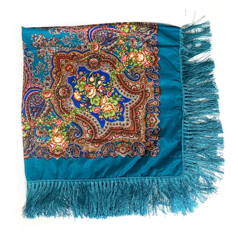 135*135cm Russian Square Scarf Shawl Women Ethnic Style Floral Print Fringed Bandana Babushka Handkerchief Head Wraps