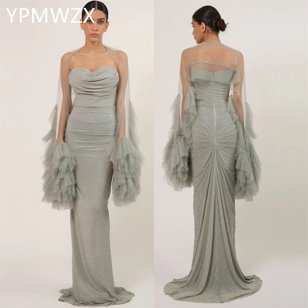 Customized YPMWZX Sheer Straps Column Floor length Skirts Fold Bespoke Occasion Dresses