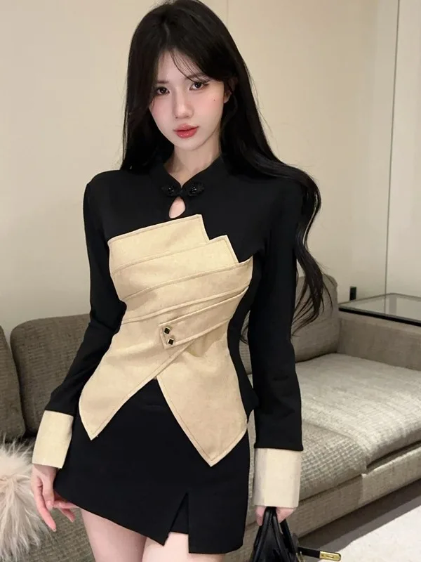 

Ретро-рубашка в стиле Гонконг с цветовыми блоками, облегающая, с вырезами, воротником-стойкой и длинными рукавами, женская, сексуальная, Nicole Rose