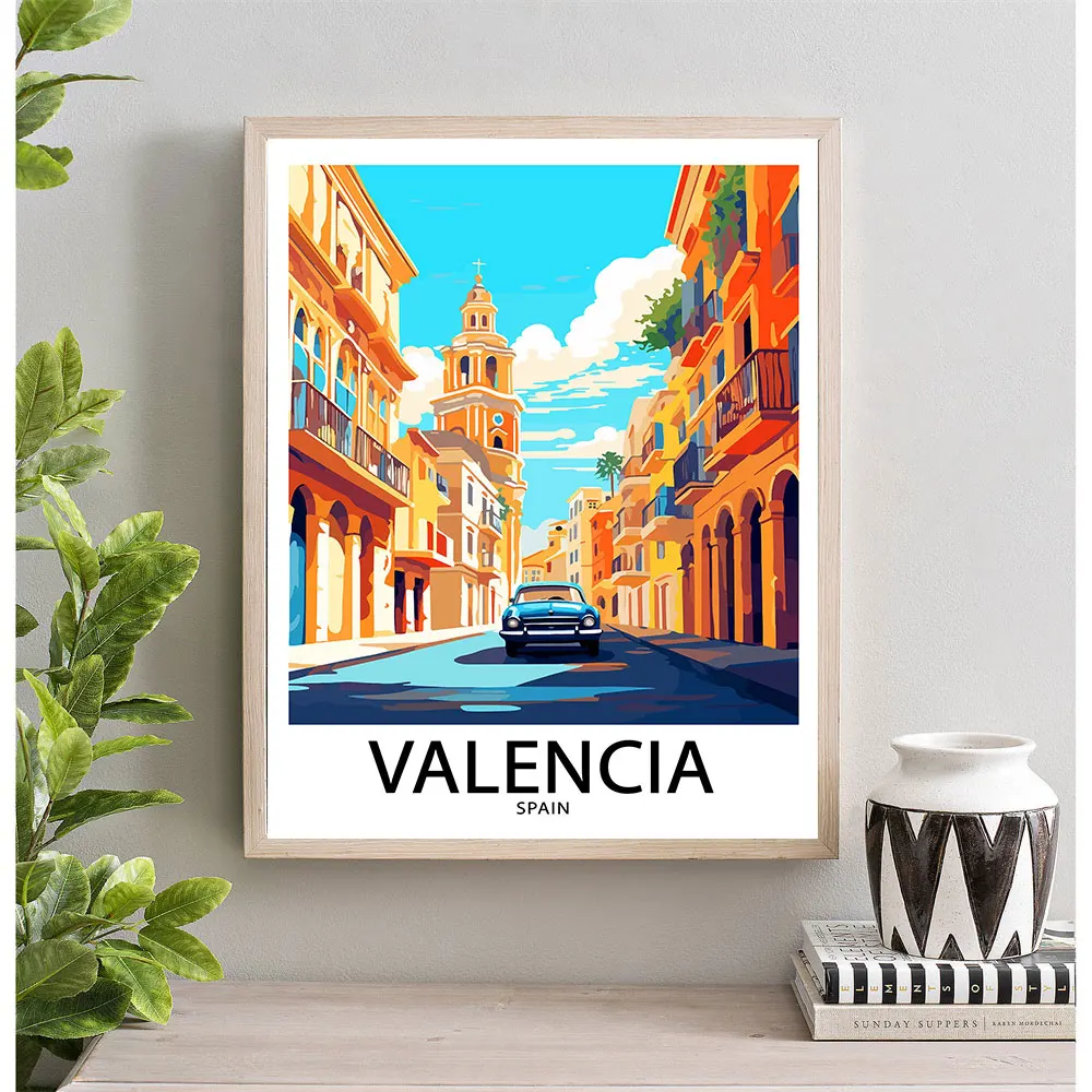 Spain Valencia Cartoon Travel Poster Print City Landscape Wall Art Picture Canvas Painting for Living Room Home Decoration