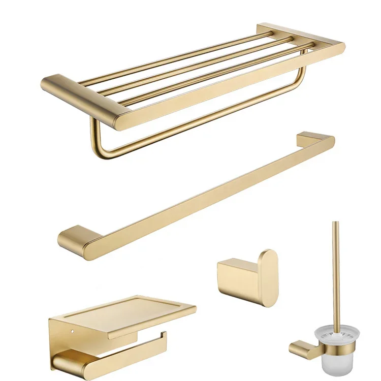 

Hotel Luxury 304 Stainless Steel Brushed Gold 5 Piece Bathroom Accessory Accessories Set With Paper Holder Towel Rack