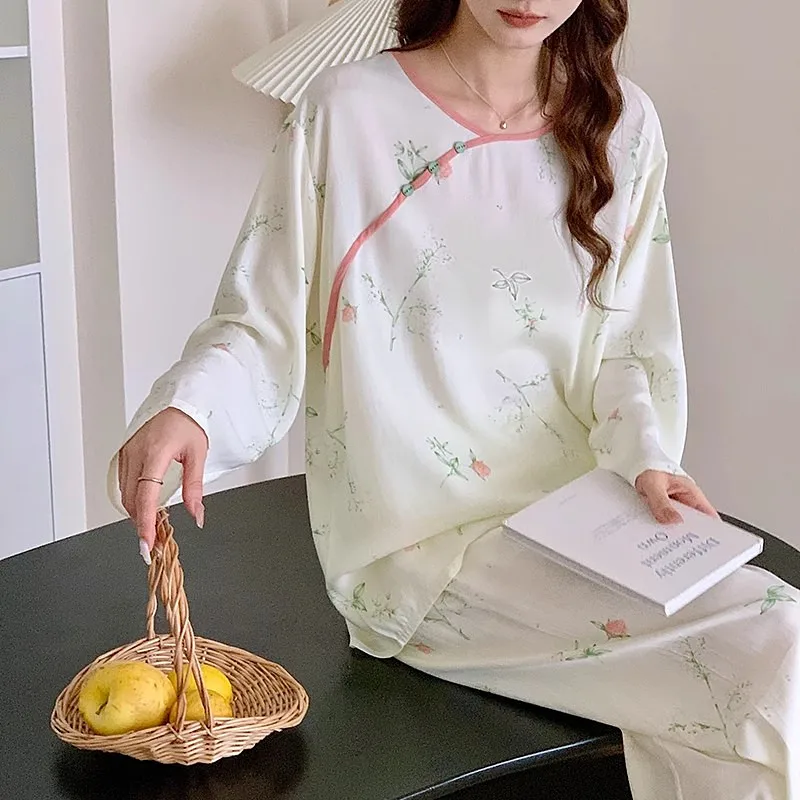 Fashion Pajamas For Women Spring Fall Cotton Home Clothes Chinese Style Two-piece Set Long Sleeve Pant Pyjamas Femme Suit