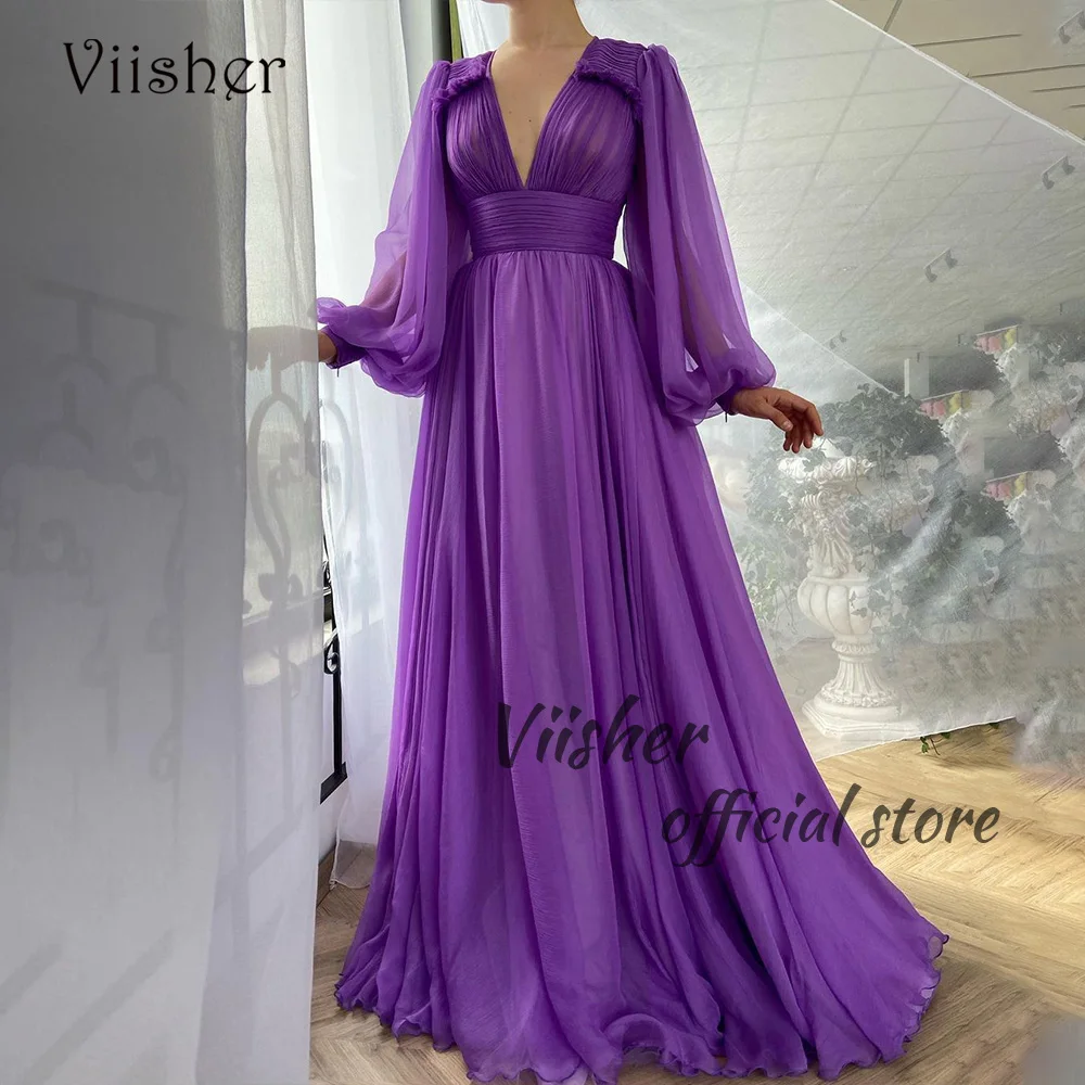 

Viisher Purple Chiffon Evening Prom Dresses Long Sleeve V Neck Fairy Party Dress with Train Long Celebrate Graduation Gown