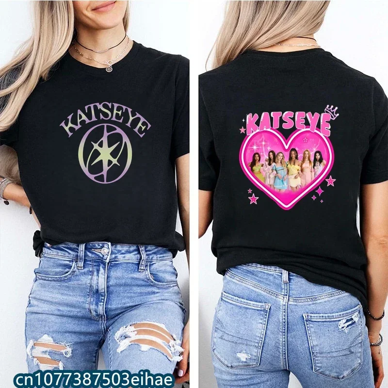 KATSEYE Retro Vintage Tee Fashion Korean K-pop Clothing Breathable 100% Cotton Loose Street Top for Teen Girls & Adult Ladies