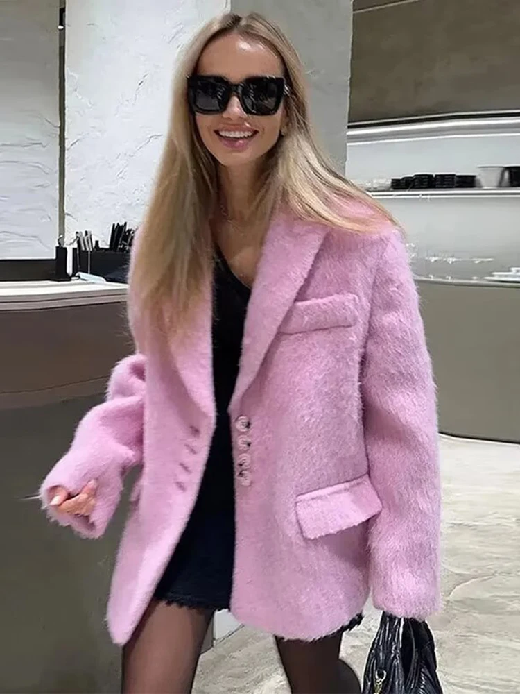 Women's Elegant Pink Lapel Pockets Woolen Blazer Coat Fashion Single-breasted Loose Long Sleeve Coats Lady Sweet Outerwear