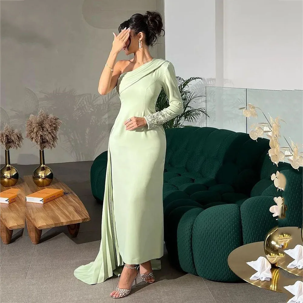 Customized Vintage One Shoulder Pleats Split Women Prom Dresses Straight Beadings Full Sleeve Backless Ankle Length Evening Gown