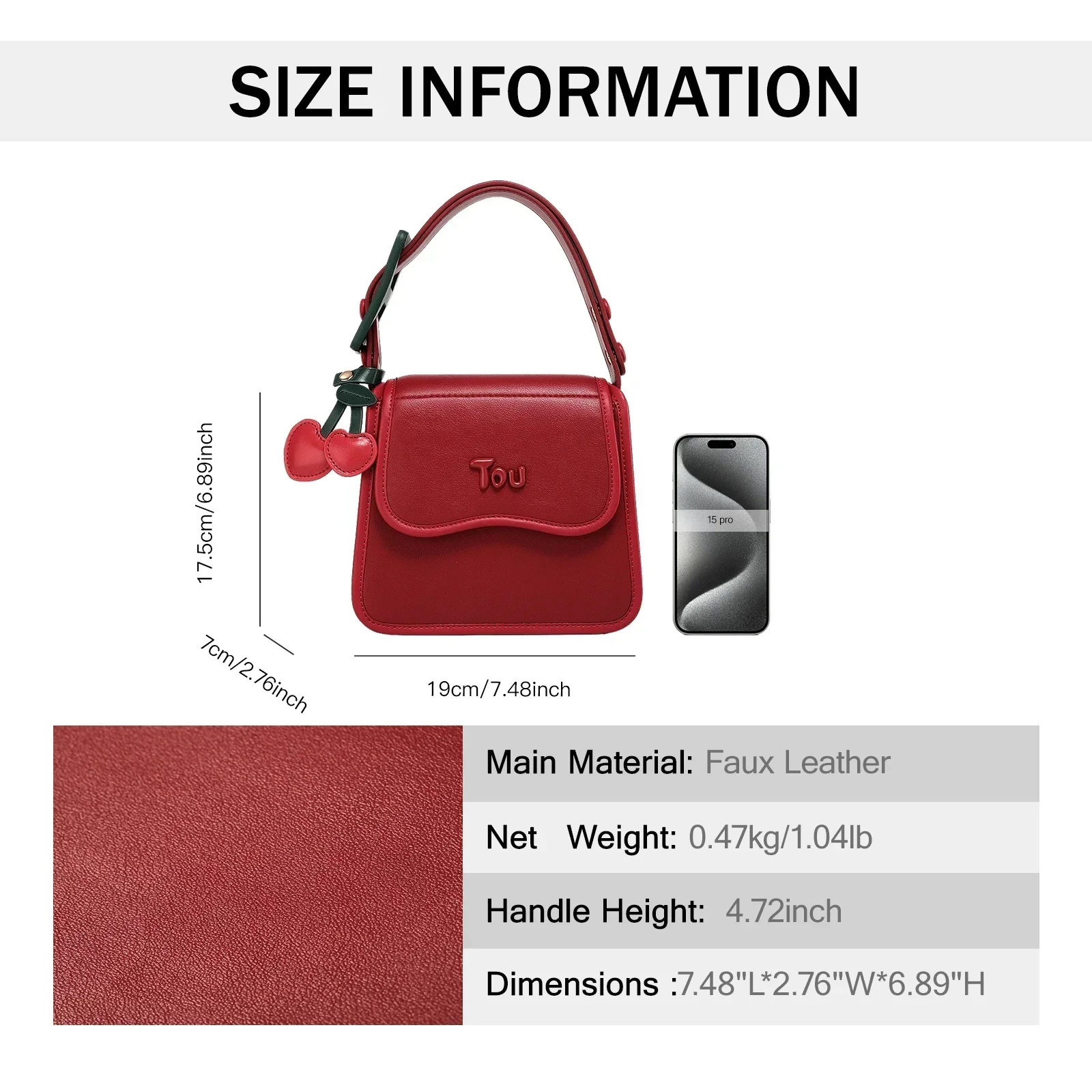 TOUTOU Borsa quadrata piccola ciliegia Borsa a tracolla piccola rossa Tracolla regolabile Borsa a tracolla in pelle Moda femminile Borsa per trucco Replica