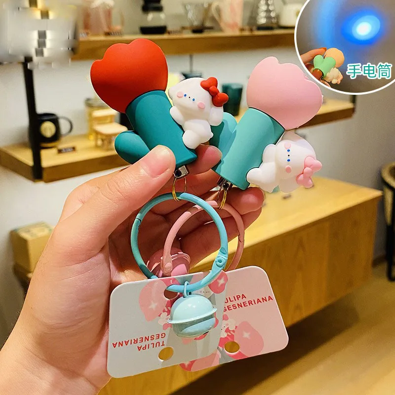 Kawaii Hase Tulpe Taschenlampe Schlüssel bund Cartoon exquisite Blume elektrische Fackel Auto Schlüssel anhänger niedlichen Schlüssel ring Paar Tasche Charme Anhänger