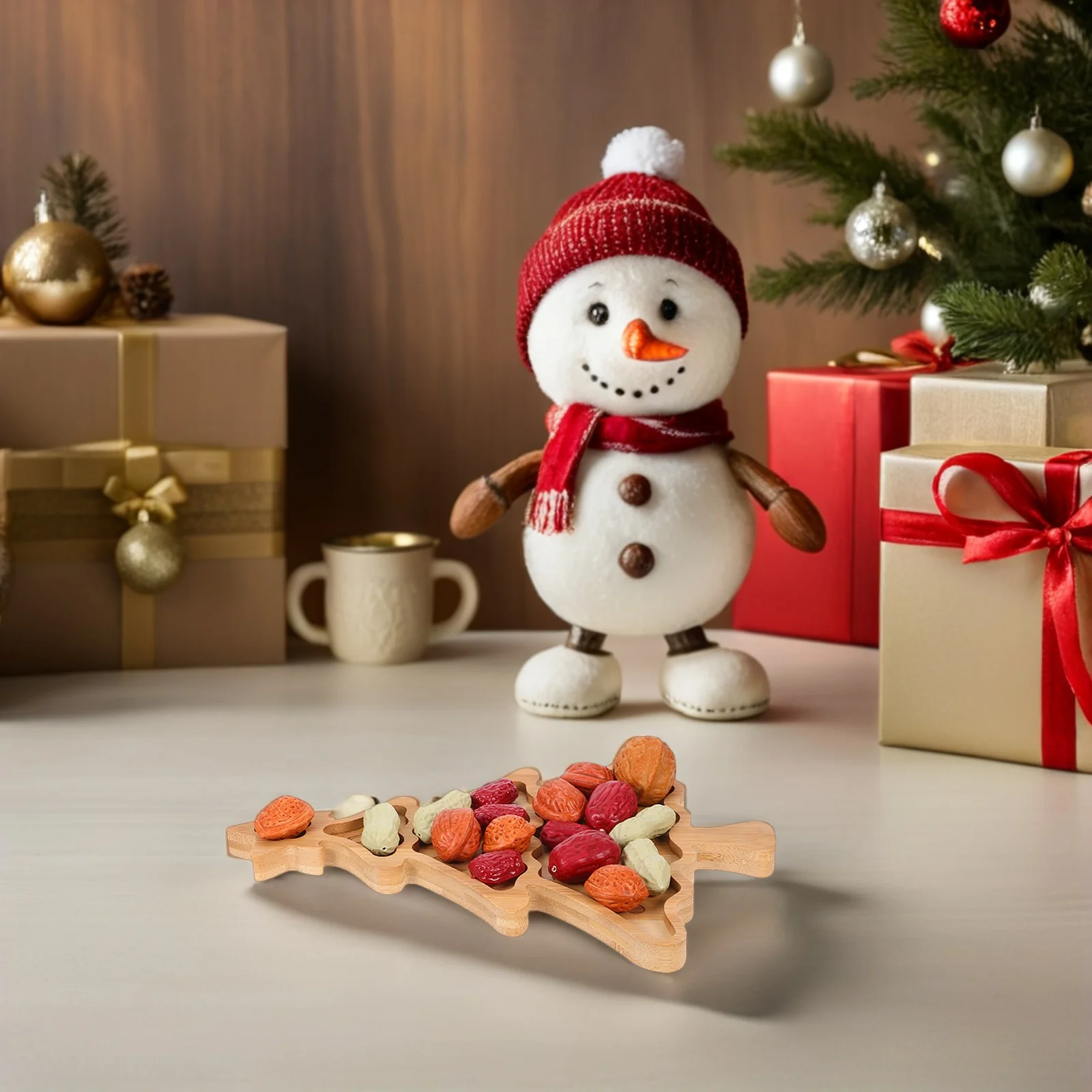 

Christmas Tree Shaped Snack Serving Plate Light Yellow Bamboo Holiday Serving Platter Candy Dessert Fruit Tray