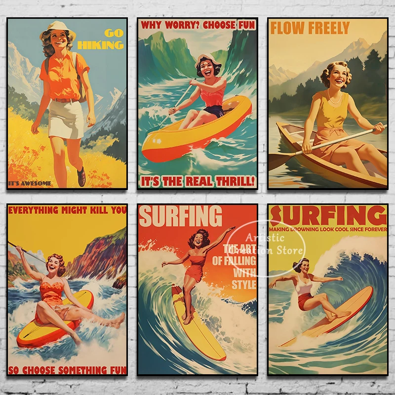 Retro Canoeing Traveling Wall Art Funny Surfing Girl Poster Prints Canvas Painting Wall Art Living Room Wall Home Decor Gifts