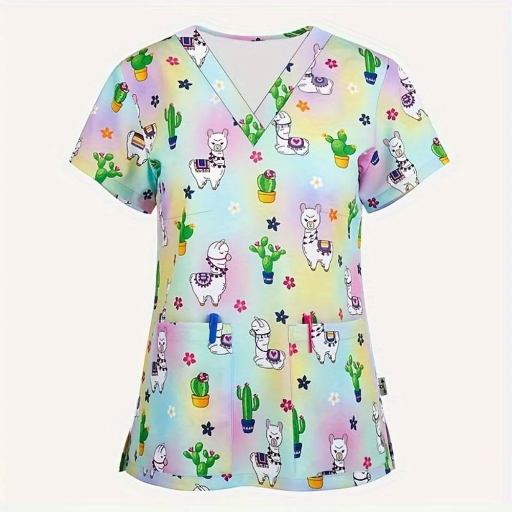 Nurse Uniform Women's Tops V Neck T Shirt Cat Dog Cartoon Printed Tops Uniform Short Sleeve Pockets Medical Female Nurse Uniform
