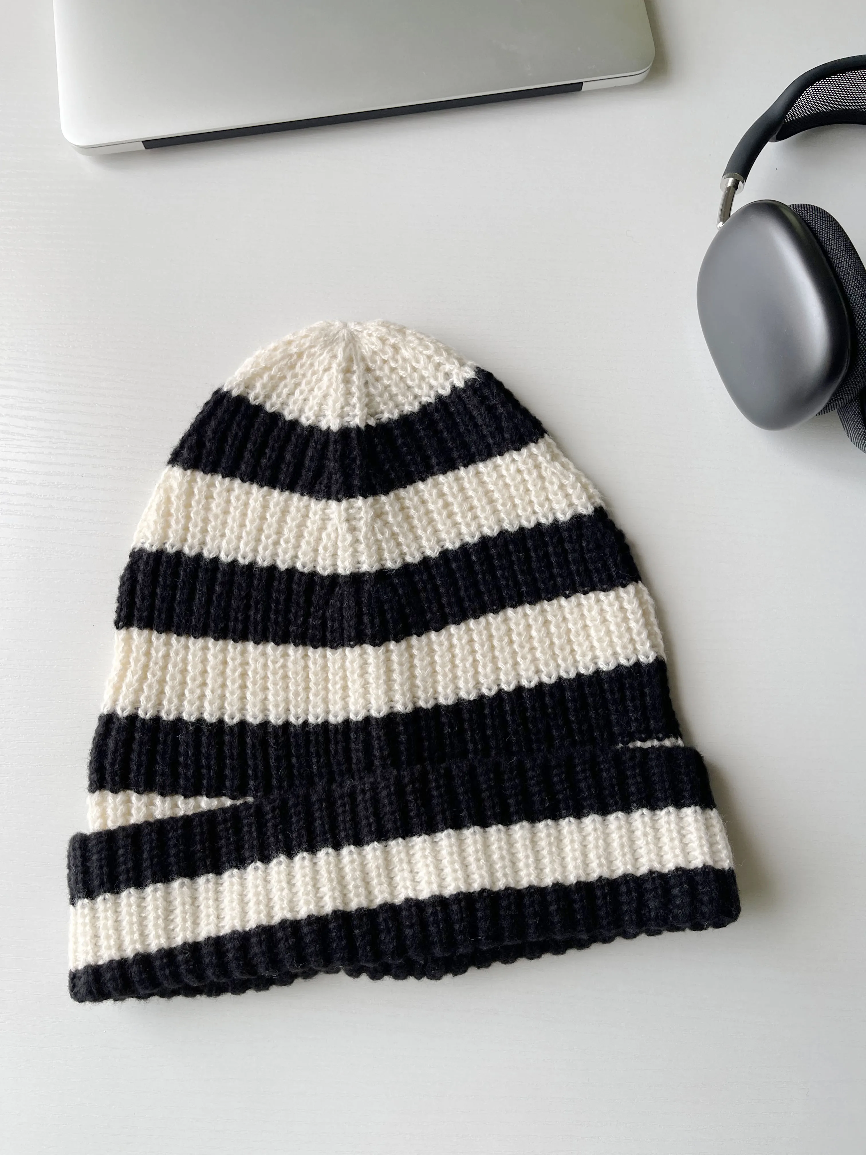 Unisex Winter Acrylic Knitted Cap Dopamine Color Stripe Warm big size 62cm Beanies for Women Cold Hat Casual Hip-hop Caps Female