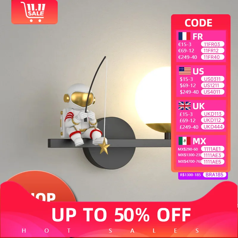 

Modern Home Children's Moon Cartoon Background Wall Lighting Minimalist Creative Astronaut Bedroom Bedside Sconce Lamps for Room