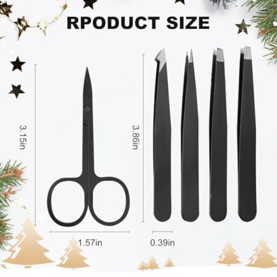 5-Pack Stainless Steel Tweezers Set for Women with Curved Scissors, Great Precision for Facial Hair Removal and Splinter Remova