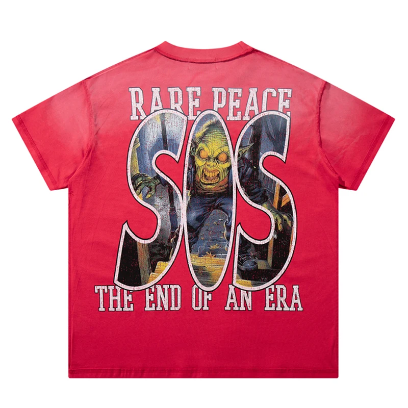 Retro Red Rare Peace T-shirt Casual Men's Women's Round Neck Rhinestone Printed Short Sleeve Hip Hop Street Tee