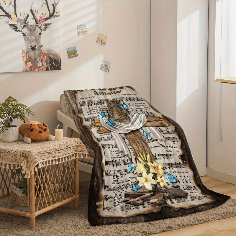 Musical Cross Butterfly Comfort Blanket Soft & Warm Sofa Nap Blanket Four Seasons Multi-Purpose Gift Blanket