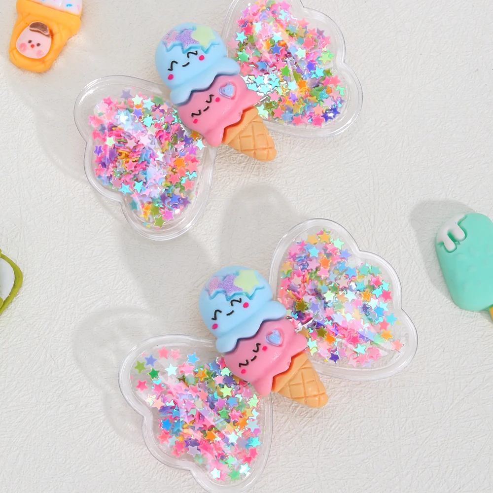 2pcs Butterfly Hairpins Quicksand Filled Cone Ice Cream Accessories Decorative Hair Clips Hair Bows Girl Hair Accessoires