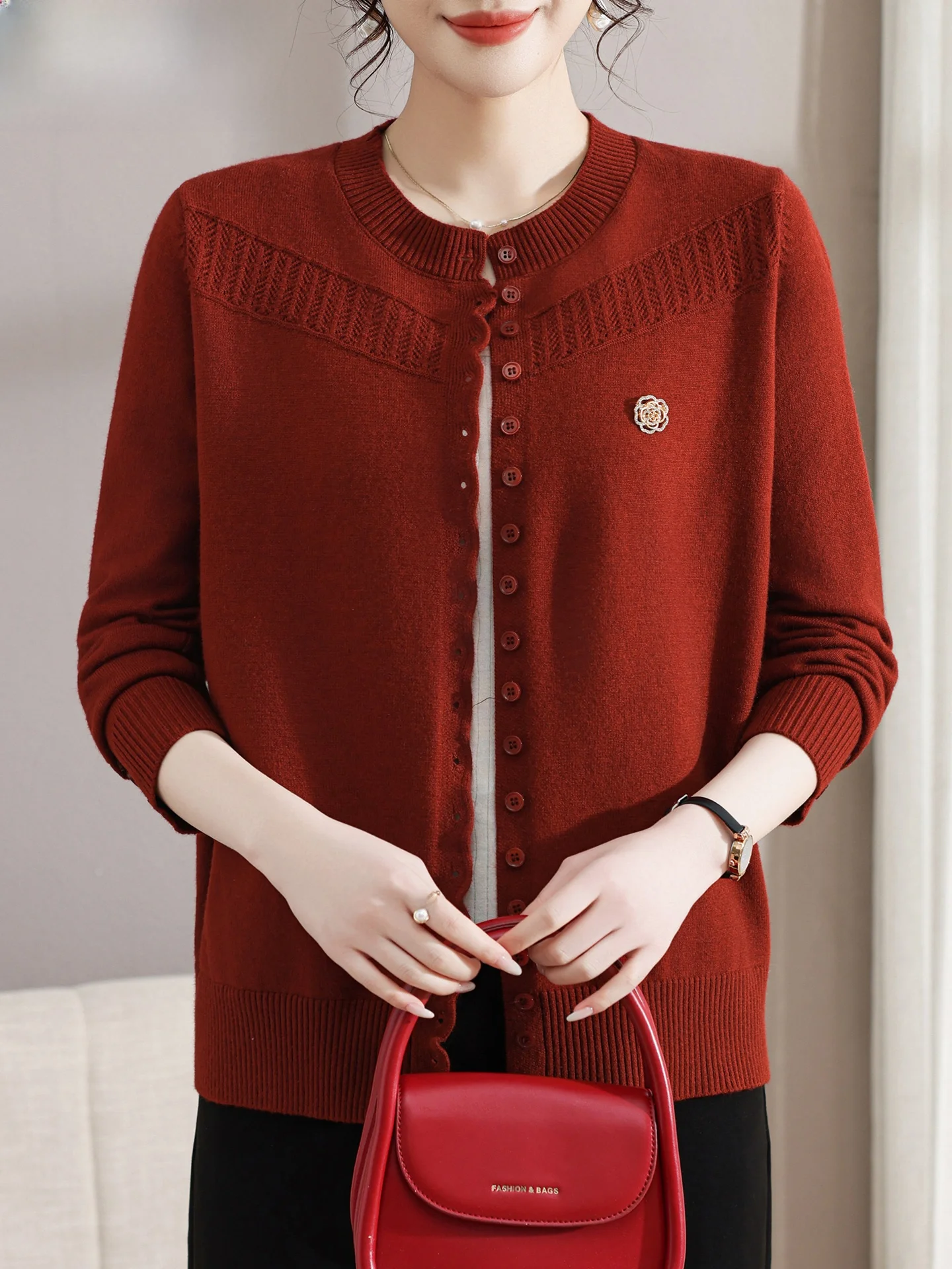 

Ele Knitted Sweater Spring Faion for Middle-Aged Women Comfortable Breathable Light Weight Regular Sve round Ne Si...