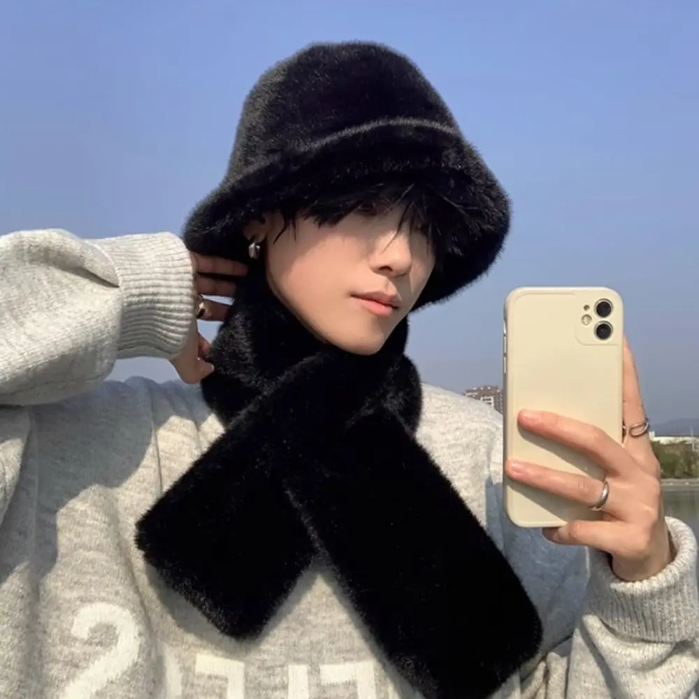 Fashion Winter Autumn Faux Fur Bucket Hats Thicken Luxury Men's Hat Scarf Outdoor Fluffy Warm Scarf Gifts