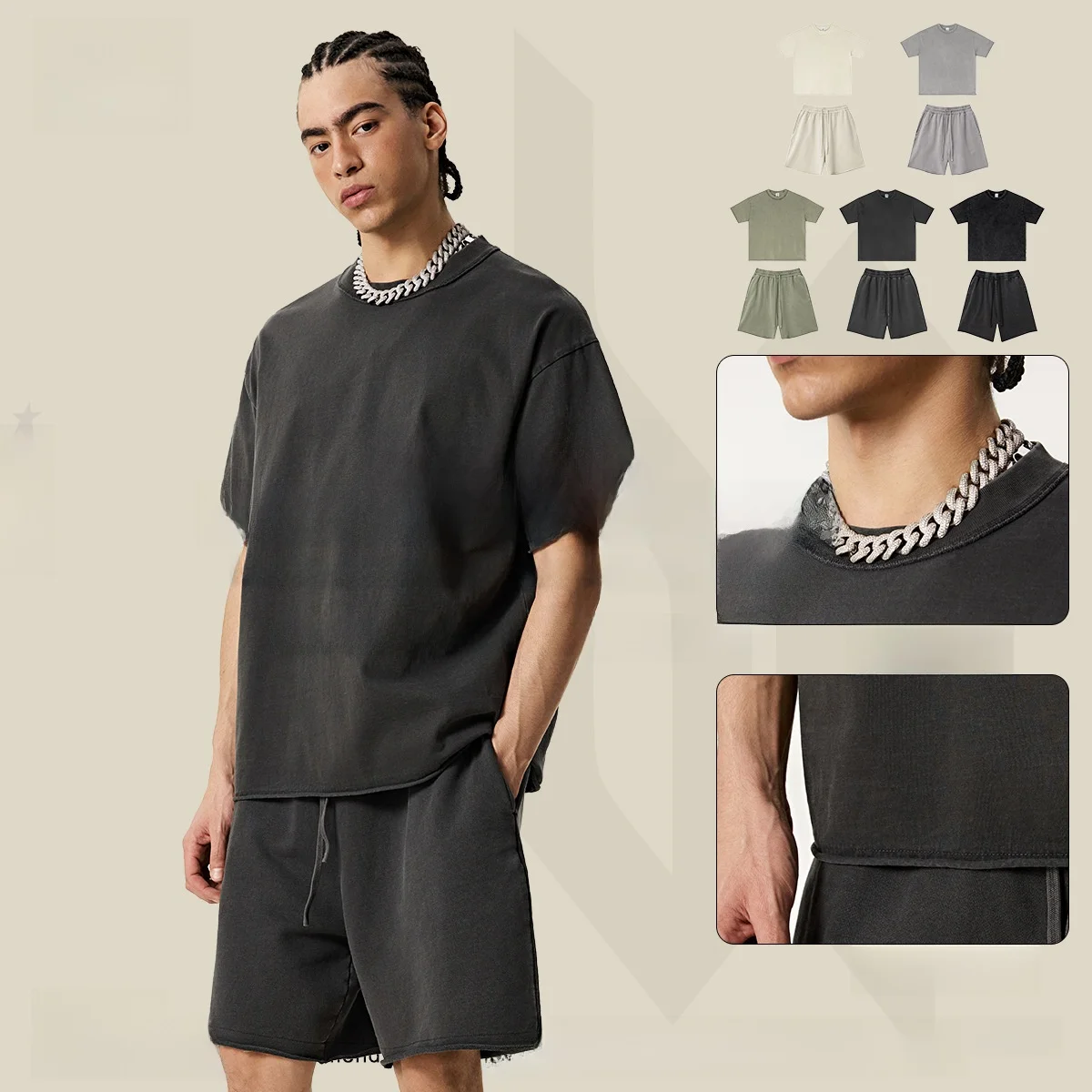 

Летний мужской повседневный спортивный костюм: футболка с коротким рукавом и шорты, плотный хлопок с воротником-стойкой и узором пейсли по низу